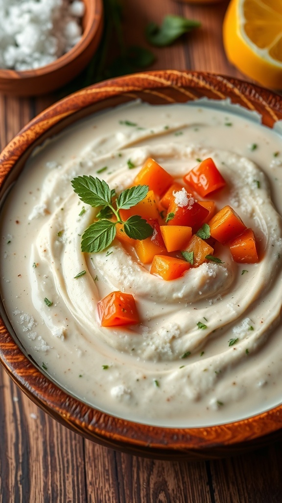 A creamy dish made with mystic flour and vegetables, garnished with herbs, served in a rustic bowl on a wooden table.